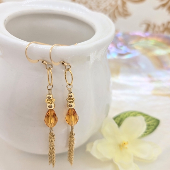 Orange Swarovski Crystal Gold Filled Tassel Dangle Bridgerton Earrings - Picture 3 of 6